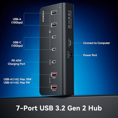 FIDECO 7-Port 72W Powered USB Hub, USB C Hub with 1 PD 45W, 2 QC 3.0 Charging Ports, and 4 USB 3.2 Ports (2 USB-A + 2 USB-C), Aluminum 10Gbps USB Hub for Laptop, PC, MacBook, iPhone 17/16/15, Black