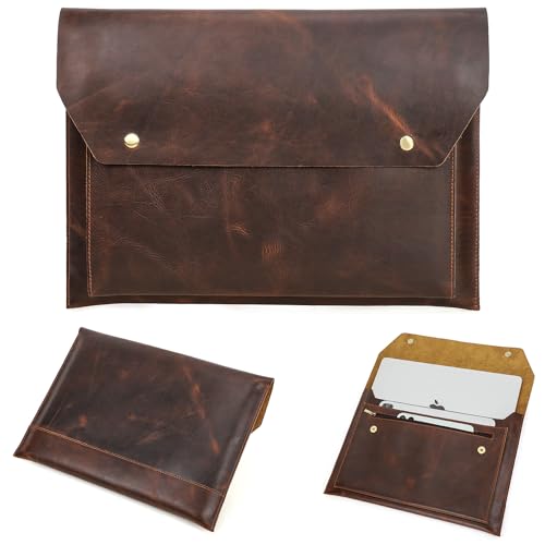 Top Grain Leather 14.2" Laptop Sleeve Bag, Magnet Snap Button Design & 3 Pockets, Compatible with MacBook Pro/Air 14"/13.3"/13.6" 2021 2022 M1 Pro/M1 Max A2442 & Other PC, Coffee 14.2 Inch - color: 【Bag】Magnetic Snap Button & 3 Pockets - Coffee, size: 14.