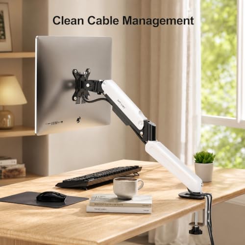 MT-VIKI Single Monitor Arm for 17"-32" Monitors, Gas Spring Adjustable Desk Mount, Quick Release VESA Plate, Full Motion with Cable Management, Clamp & Grommet Base, Supports 4.4–19.8 lbs, White - size: Single Arm