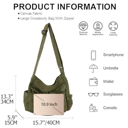 KlaOYer Canvas Messenger Bag Large Hobo Bag Crossbody Shoulder Bag Tote Bag with Pocket for Women and Men - color: Brown