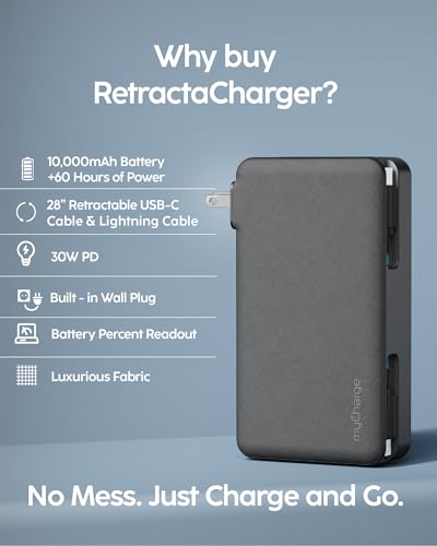 myCharge RetractaCharger+ 10000mAh Portable Power Bank - 28" Retractable 1 USB-C & 1 Lightning Cables | Built-in Wall Plug | Digital Display | USB-C/A Ports | Up to 60 Hours of Power | Black - size: USB-C & Lightning Cables