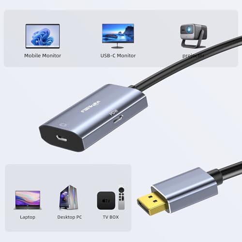 fairikabe DisplayPort to USB C Adapter 8K@30Hz 4K@144Hz, DP 1.4 to USB-C Monitor Converter with 65W PD Charging, Plug & Play for PC, Laptop, GPU, USB-C Portable Monitor (DP Alt Mode Required)