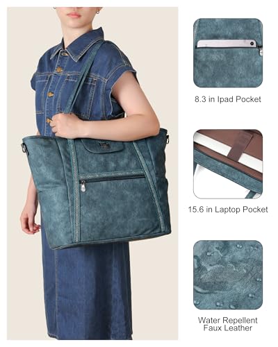 Large Laptop Tote Bag for Women Designer Leather Laptop Bag, 15.6in | Fashion Travel Backpack Purse Shoulder Handbag Fits 15.6 Laptop, Daily, Work, Business Trip, Weekend Travel, Teacher - color: Turquoise Blue