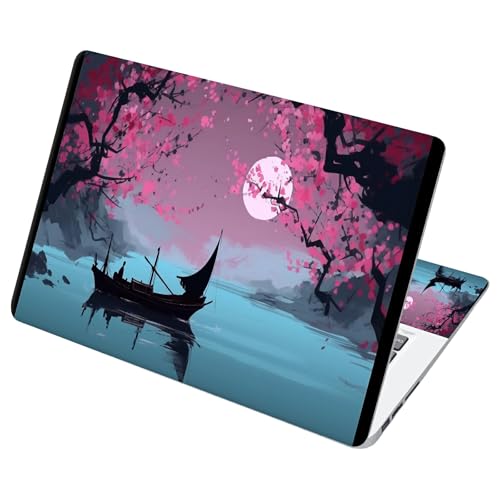 Universal Laptop Skin Sticker with 2 Wrist Pad Decals, 3-Piece Removable Vinyl Laptop Cover, Boat Moonlit Night Waterproof Anti-Scratch, Easy-Trim Fit for 13.3" 14" 15.6" Laptops - color: Boat Moonlit Night