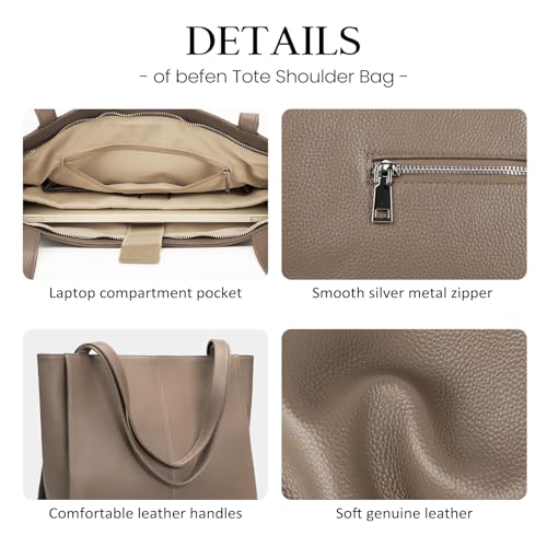 befen Genuine Leather Tote Bag for Women Work Travel Leather Purse Handbags | Real Leather, Padded 14" Laptop Compartment, Multi-Pockets, Zipper, Tote Bag for Daily - color: Dark Taupe
