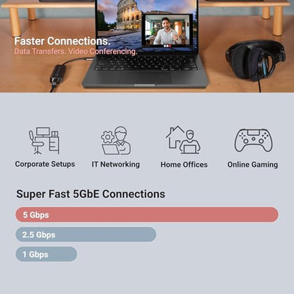 Sonnet Solo5G USB-C to 5 Gigabit Ethernet Adapter – RJ45 Supports 5Gbs, 2.5Gbps, 1Gbps, and 100Mbps, Plug-and-Play. Compatible with USB-C or Thunderbolt Port, Mac, Windows, and Linux