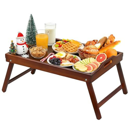 Bamboo Breakfast Tray Table with Folding Legs for Bed Table Sofa - Eating & Laptop Tray Bamboo with Folding Legs - color: Walnut