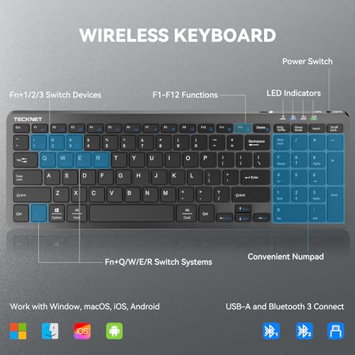 TECKNET Rechargeable Bluetooth Slim Wireless Keyboards USB+BT Multi Device | Compact Keyboard with Number Pad, Low Profile Flat Keyboards for Laptop, Computer, Macbook, Mac, Windows