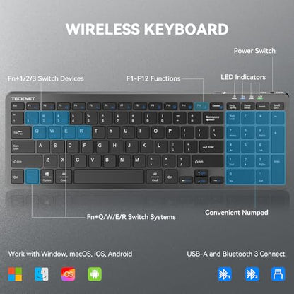 TECKNET Rechargeable Bluetooth Slim Wireless Keyboards USB+BT Multi Device | Compact Keyboard with Number Pad, Low Profile Flat Keyboards for Laptop, Computer, Macbook, Mac, Windows