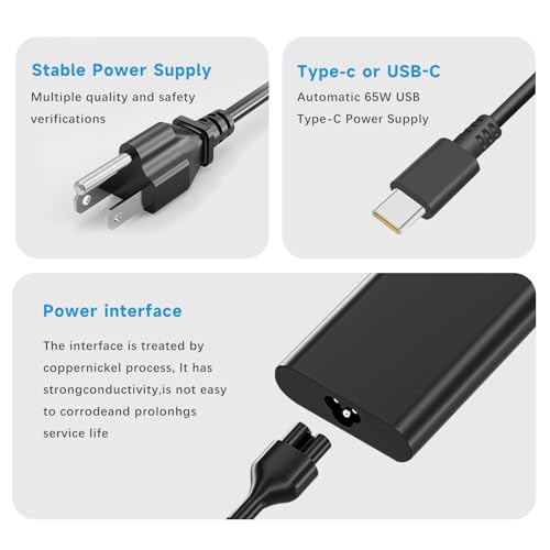 65W USB-C Laptop Charger Compatible with Dell Pro 13 14 16 Latitude 5420 5430 5520 7420 5400 7390 5320 5530 5431, XPS 13 9310 9305 9300 9380 9370 9360, Inspiron 14 15,20V 3.25A Adapter Power Cord