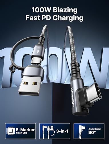 JSAUX 3-in-1 USB-C Cable 2-Pack 10FT, 100W Right-Angle Fast Charging, Grey | Right-Angle Braided Cables with USB-A Adapter, 2 x 10 ft, for iPhone 17/16/15, Galaxy S26/S25/S24, iPad, MacBook, Steam Deck - color: Grey, size: 10FT