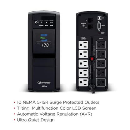 CyberPower CP850PFCLCD PFC Sinewave UPS Battery Backup and Surge Protector | 850va/510w Pfc Sine Wave Ups, 10 Outlets, Avr, Color LCD, 12v/9ah Battery, Energy Star - size: 850VA, style: Mini-Tower