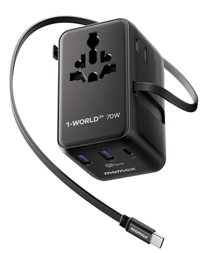 MOMAX 70W Universal Travel Adapter with USB-C Retractable Cable, 6-in-1 International Power Adapter, Dual-AC Plug Adapter PD Fast Charging Worldwide Wall Charger for US/UK/EU and Over 200 Countries - color: Black, size: 70W