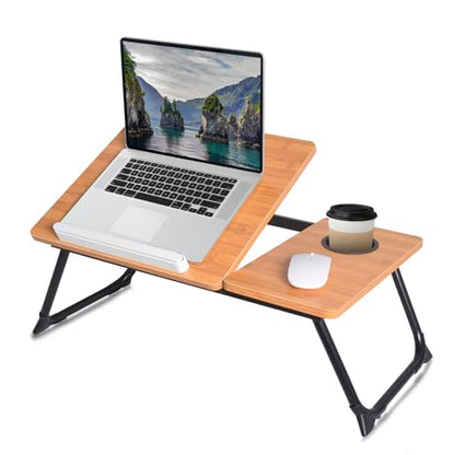 Adjustable Laptop Bed Table with Book Stand, Portable Reading Desk with Side Panel, Wood Grain - color: Bamboo Wood