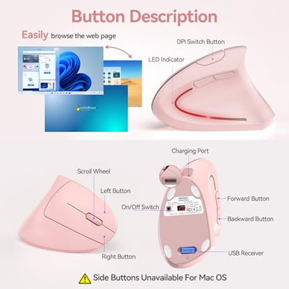 TECKNET Wireless Ergonomic Mouse, Rechargeable Wireless Vertical Mouse | Rechargeable Mouse Pink, 2.4GHz USB Receiver, Silent Click, 6 Adjustable DPI up to 4800, 6 Buttons for Laptop, PC & MacBook, - color: Pink