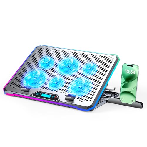 KYOLLY Aluminum Alloy RGB Gaming Laptop Cooler with 6 Fans and LCD Screen - 10 RGB Modes Memory Function, 4 USB Ports 3.0 and 2.0 Hub, 9 Height Adjustable for 10 to 21 Inch Laptops on Desk or Lap