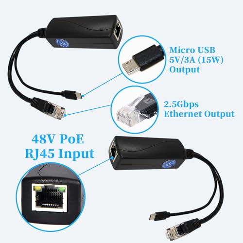 2.5G Micro USB PoE Splitter 5V/3A, PoE to Micro USB 5V/3A 15W Output, 2.5Gbps Ethernet Comply IEEE802.3af/at, Plug and Play for Smart Home - style: USB0503G-X 5V/3A