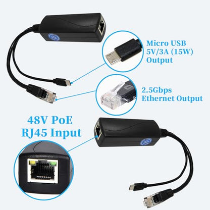 2.5G Micro USB PoE Splitter 5V/3A, PoE to Micro USB 5V/3A 15W Output, 2.5Gbps Ethernet Comply IEEE802.3af/at, Plug and Play for Smart Home - style: USB0503G-X 5V/3A