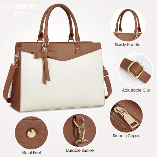 RAINSMORE Laptop Bag for Women 15.6 Inch PU Leather Laptop Tote Professional Business Office Work Bag Waterproof Briefcase Computer Tote Bag Large Lightweight Handbag Shoulder Bag - color: Beige and Dark Brown