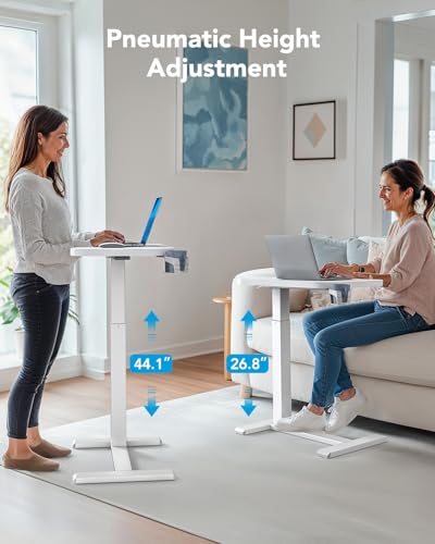 HUANUO 32Inch Bedside Table with Wheels, Height-Adjustable Rolling Computer Cart, Overbed Table with Cup Holder, Pneumatic Laptop Standing Desk for Home Office, White - color: White, size: Large-32 Inch