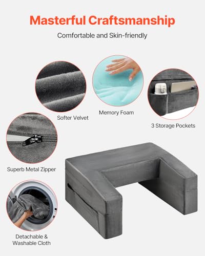 VEVOR Reading Pillow for Gaming, Extra Large Lap Desk Pillow with Pockets and Cup Holder, Laptop Pillow with Memory Foam Bed Rest, Bed Pillow for Sitting Up for Gaming, Reading, Resting, Working, Grey