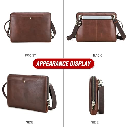Top Grain Leather 14.2" Slim Laptop Bag Case, Handmade, Adjustable Strap & 2 Pockets, Compatible with MacBook Pro 14 inch 2021 2022 M1 Pro/M1 Max A2442 & Other PC, Red Coffee 14.2 Inch - color: #5【Adjustable Strap】-Red Coffee-2 Pockets, size: 14.2" - Fits