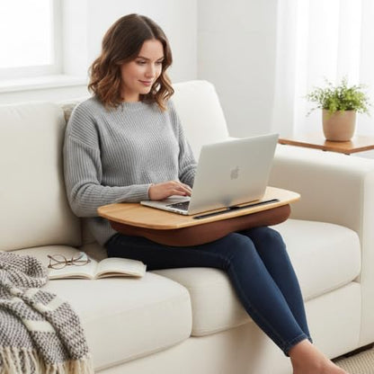 Bamboo Lap Desk for Laptop with Cushion-Fits up to 18 inch | Computer Laptop Stand with Phone Hoder, Anti-Slip Stopper - size: 21.6"x13.8"
