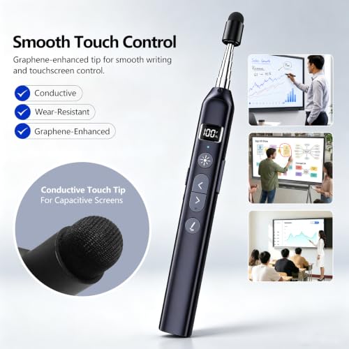 N21 Bluetooth Presentation Clicker for PowerPoint with Retractable Pointer | ①Laser Pointer②Telescopic touch pen③Countdown timer, vibration alert ④Customizable Button ⑤Rechargeable;battery level display - color: Black - Red Pointer