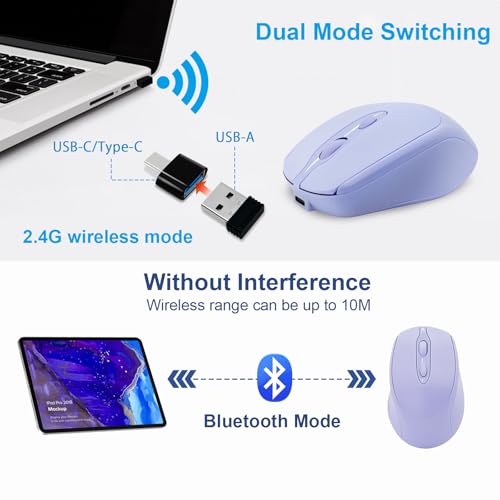 Rechargeable Wireless Mouse, Bluetooth for Laptop/iPad/MacBook Pro/Air, Silent for PC/Surface Pro/Lenovo/Samsung Table, Portable Slim Computer Mouse (Purple) - color: Purple