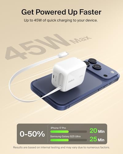 Belkin 45W GaN USB C Retractable Charger Block Fast Charging for Travel | 3.3ft Retractable Cable, USB C Port, iPhone 17, Galaxy S26, AirPods, iPads, MacBook, Travel Charger, Charge Up to 2 Devices - color: White, style: 45W