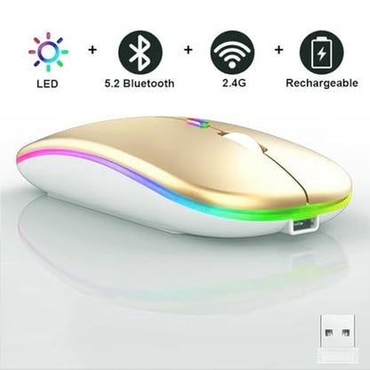 Guiheng Wireless Bluetooth Mouse,LED Dual Mode Rechargeable Silent Slim Laptop Mouse,Portable(BT5.2+USB Receiver) Dual Mode Computer Mice,for Laptop,Desktop Computer,ipad Tablet,Phone,TV (Gold) - color: gold
