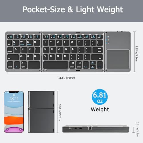 Foldable Bluetooth Keyboard with Touchpad, Ultra Slim Portable Wireless Keyboard with Rechargeable Battery for Android Windows iOS Tablets Laptop-Space Gray
