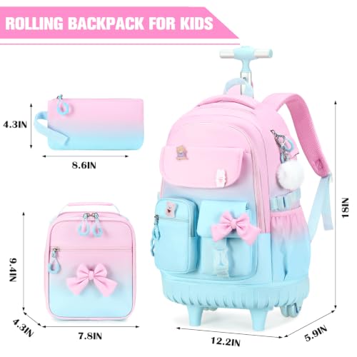 ACESAK Rolling Backpack for Girls - Roller Wheels School bag with Lunch Bag & Pencil Pouch for Teen Girls Kids Wheeled Suitcase Backpacks, Elementary Middle School Travel Daypack(Pink Blue) - color: Pink Blue