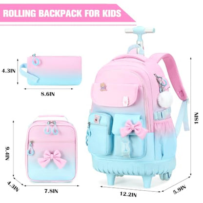 ACESAK Rolling Backpack for Girls - Roller Wheels School bag with Lunch Bag & Pencil Pouch for Teen Girls Kids Wheeled Suitcase Backpacks, Elementary Middle School Travel Daypack(Pink Blue) - color: Pink Blue