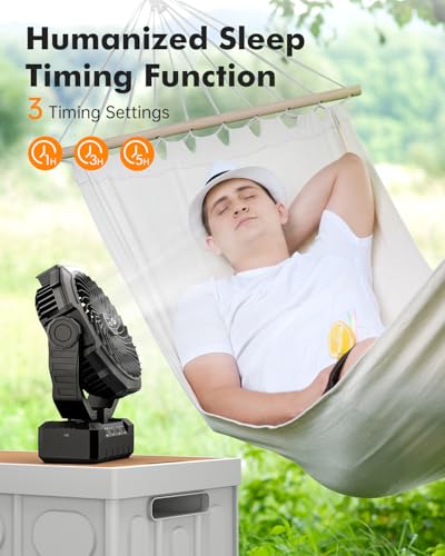 36000mAh Camping Fan, Detachable Rechargeable Portable Battery Fan | 98Hours, 4 Speeds, Timer Function, Light & Hook, Battery Operated Fan for Outdoor, Tent, Fishing, Travel, Hurricane, Jobsite - color: Black