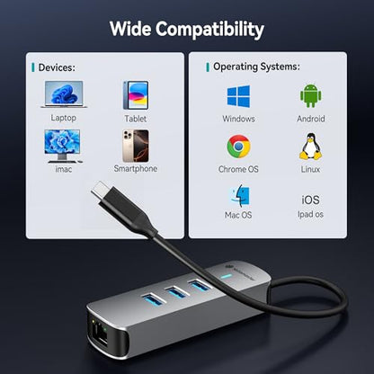 Yottamaster 4-in-1 USB A 3.0 Hub with 2.5Gbps Gigabit Ethernet – 3X USB-C 3.0 Ports, Aluminum LAN Converter, Plug and Play for MacBook Pro/Air, XPS, Windows, Mac OS, Linux, NAS - color: Silver