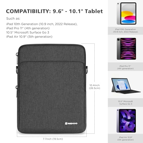 NIDOO 10 inch Laptop Sleeve - Protective Carrying Case for 11" iPad Air/Surface Go/Samsung Galaxy Tab - color: Dark Grey, size: 10-11 inch Tablet