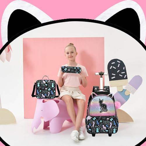 Rolling Backpack with Wheels for Girls Kids,Lightweight Wheeled School Backpack with Pencil Case,Cute Bookbag for Students - color: Black Star Cat