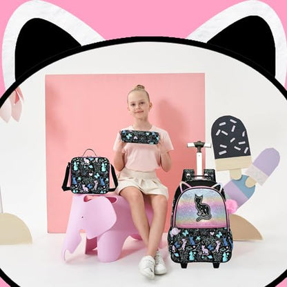 Rolling Backpack with Wheels for Girls Kids,Lightweight Wheeled School Backpack with Pencil Case,Cute Bookbag for Students - color: Black Star Cat