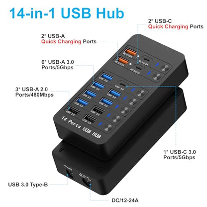Powered USB Hub, 14 Ports USB Splitter with Individual Power On/Off Switches, 60W Power Adapter for Mac, PC, and More