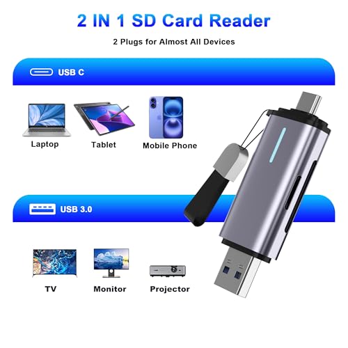 USB 3.0 SD Card Reader, 5Gbps 2-in-1 Type-C & USB-A Dual Slot Memory Card Reader, Simultaneous SD/Micro SD Read & Write, Compatible with iPhone 16/15, MacBook, iPad, Android, PC, Laptop, Camera