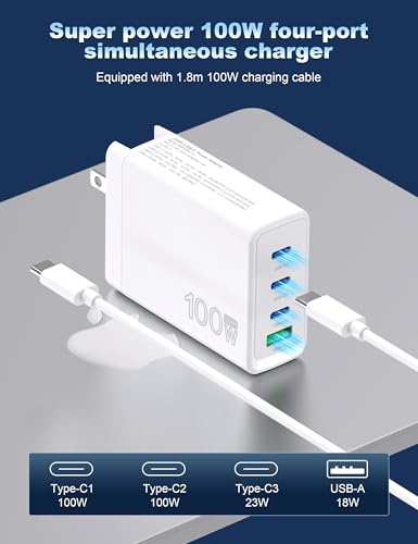 100W USB C Charger GaN 4 Port Type C Charging Station Hub Block Wall Charger Power Strip Adapter Plu Compatible with MacBook Pro/Air iPad iPhone16/15/14/13 Pro Max Dell XPS Pixel Note Galaxy
