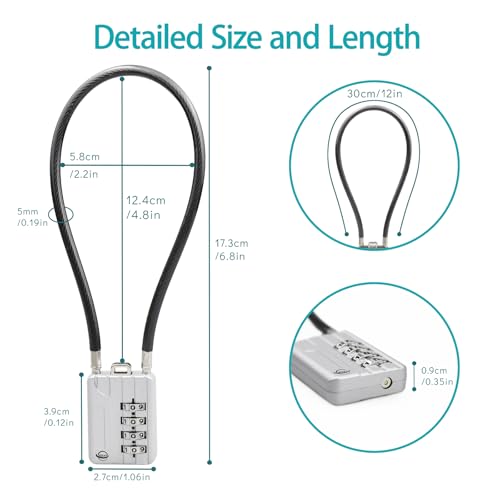 30CM/12in Long Cable Locks - 4-Digit Combination Lock, Re-settable Combination, Security Cable Lock for Luggage, Suitcase, Gun, Helmet - Silver, 1-Pack - size: 30cm (12 inch) Cable