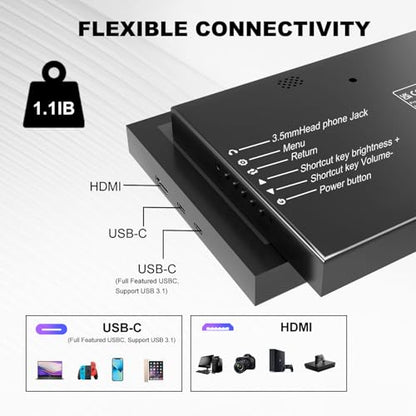 Prechen 10.1 Inch Secondary Mini Monitor,IPS Stretched Bar LCD Travel Display 1540×720 USB-C HDMI Portable Secondary Display with Stand & Speaker, CNC Material for PC Laptop Rasp PI AIDA64, Speaker