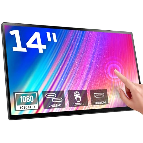 14" Portable Monitor Touchscreen, Anti-Scratch 1080P FHD Touch Screen with Built-in Kickstand & Stereo Speaker, 100% sRGB USB-C HDMI External Travel Monitor for Laptop Mac Phone PC
