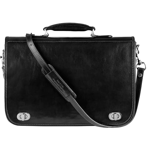 Time Resistance Leather Briefcase for Men - Italian Full Grain Leather Laptop Bag - Messenger Bag - Gift Box Included - color: Black
