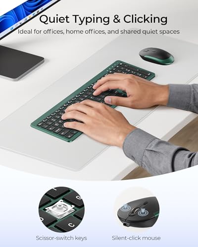 seenda Rechargeable Wireless Keyboard and Mouse Combo, Dark Green | Quiet, slim full-size keyboard with numpad, 2.4GHz USB receiver, USB-C charging, 3-level DPI mouse for Windows PCs/laptops - color: Dark Green