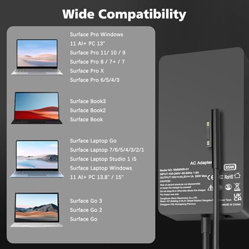 65W Surface Pro Laptop Charger Compatible with Microsoft Surface Pro 11 10, 9, 8, X, 7+, 7, 6, 5, 4, 3, Magnetic Surface Connector, Support 65W, 44W, 36W, with USB Port - color: Black