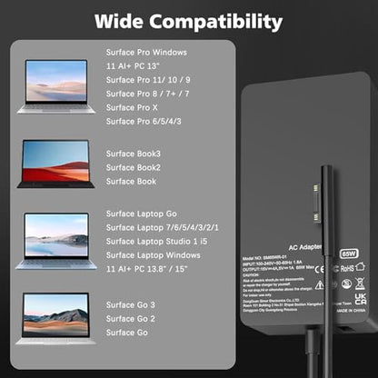 65W Surface Pro Laptop Charger Compatible with Microsoft Surface Pro 11 10, 9, 8, X, 7+, 7, 6, 5, 4, 3, Magnetic Surface Connector, Support 65W, 44W, 36W, with USB Port - color: Black