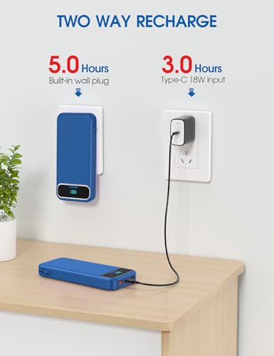 Nusyddy Portable Charger 12000mAh Fast Charging w/Built-in Wall Plug Navy | 22.5W Fast Charging, LED Display, Pass Through Charging, TSA Approved, Portable & Slim, Power Bank for iPhone, Samsung - color: Steel Blue